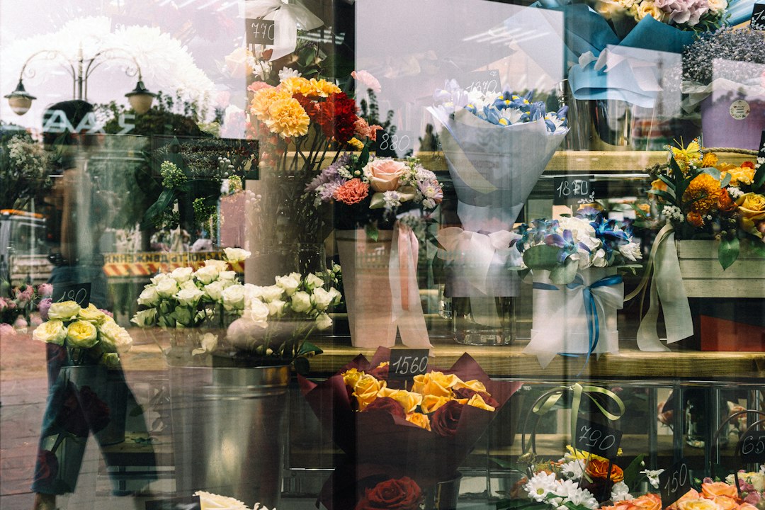 a bunch of flowers that are in a window