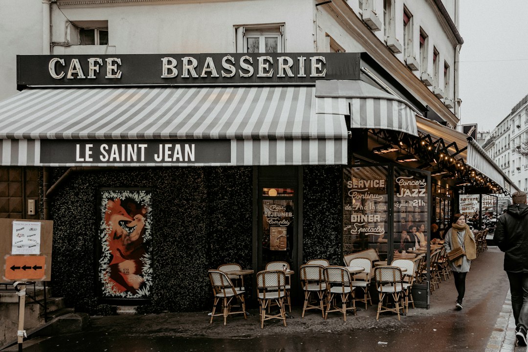 black and white restaurant with chairs and tables